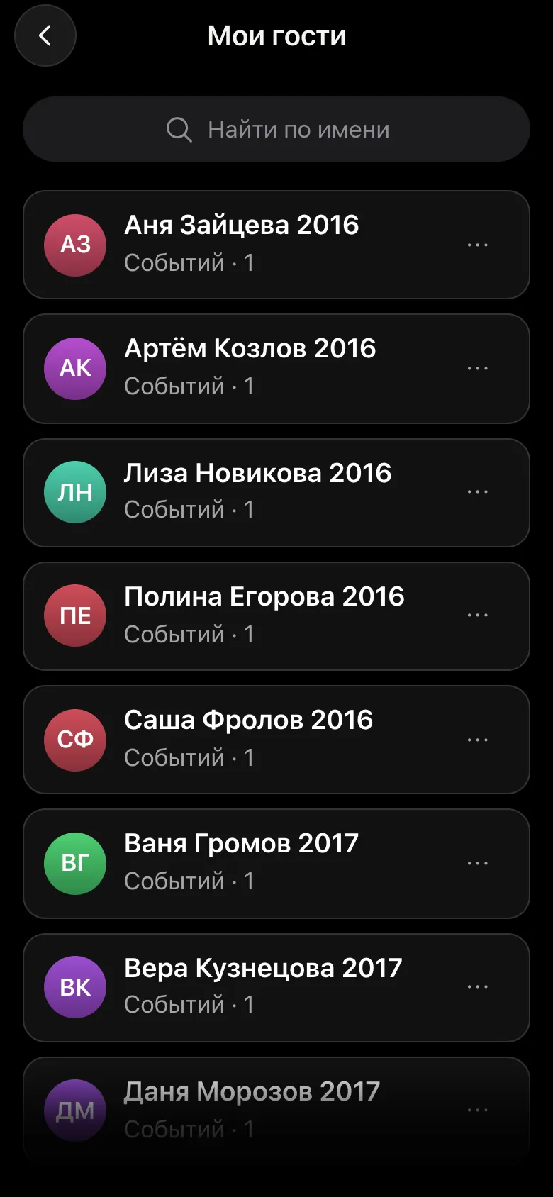 Справочник «Мои гости»: список детей с числом событий и поиском по имени