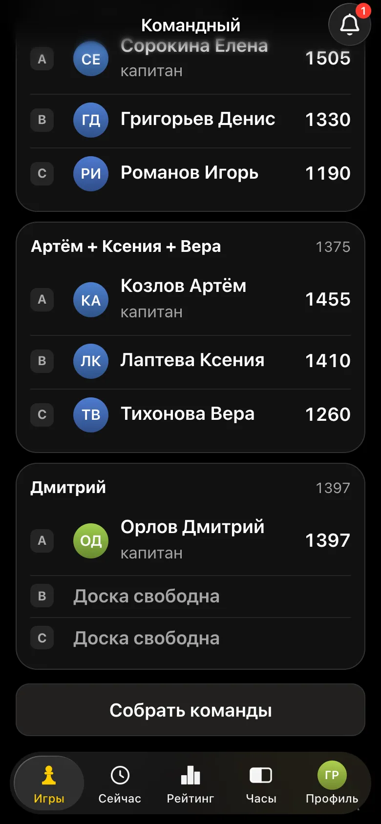 Карточка турнира: команды «Елена + Денис + Игорь», «Артём + Ксения + Вера» и неполная команда «Дмитрий» с двумя свободными досками