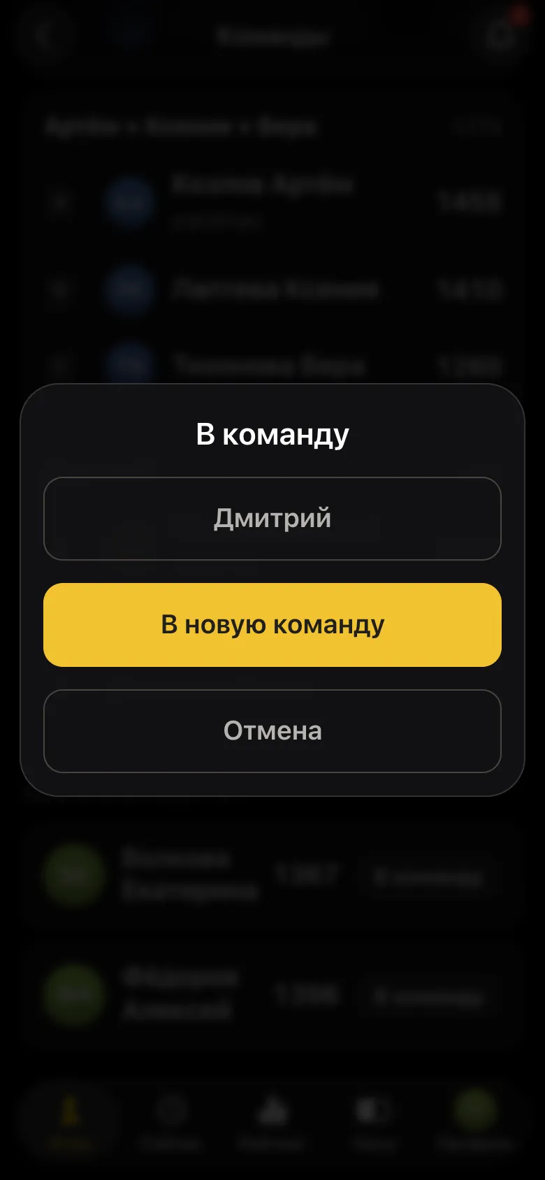 Окно «В команду»: команда «Дмитрий», «В новую команду», «Отмена»