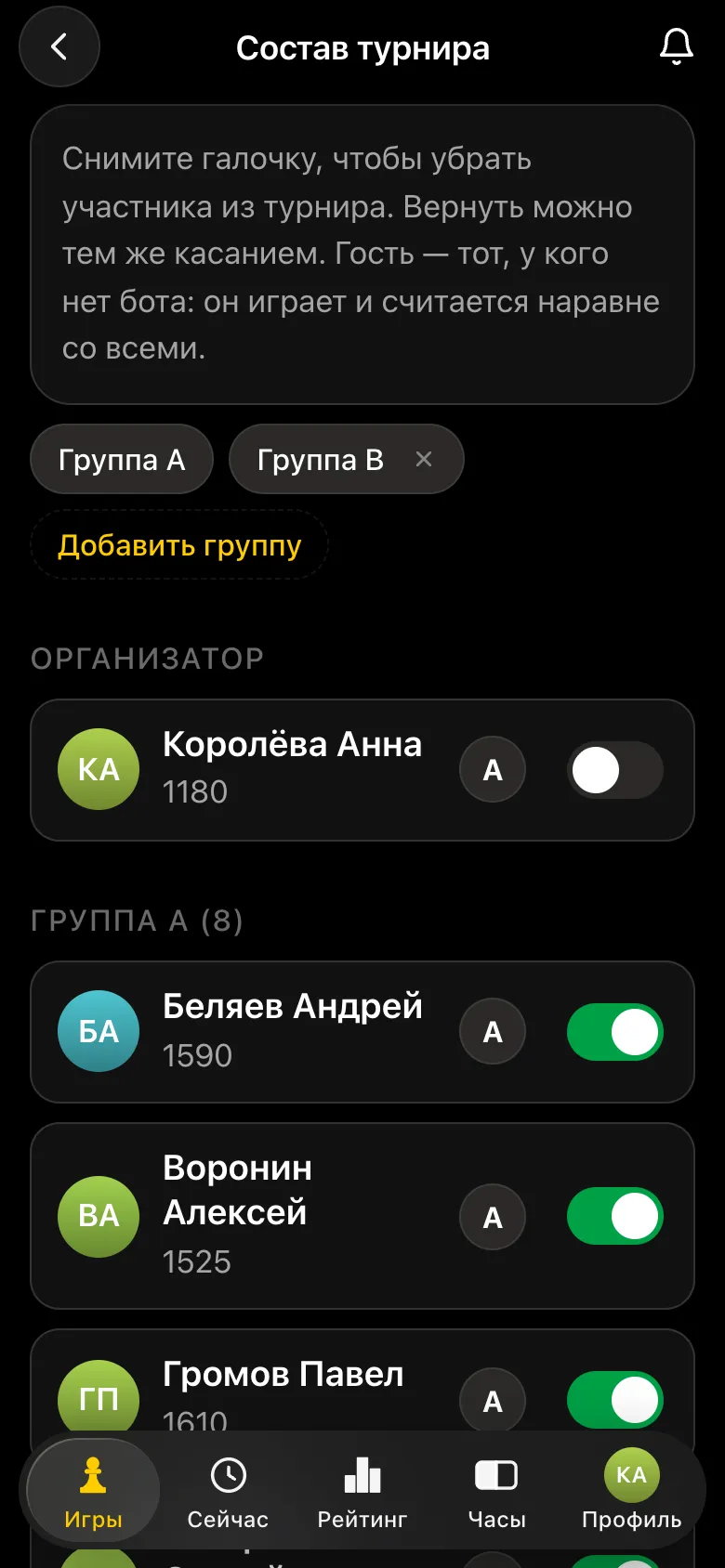 Состав турнира разделён на группы: организатор без галочки, группа A из восьми опытных игроков с рейтингом