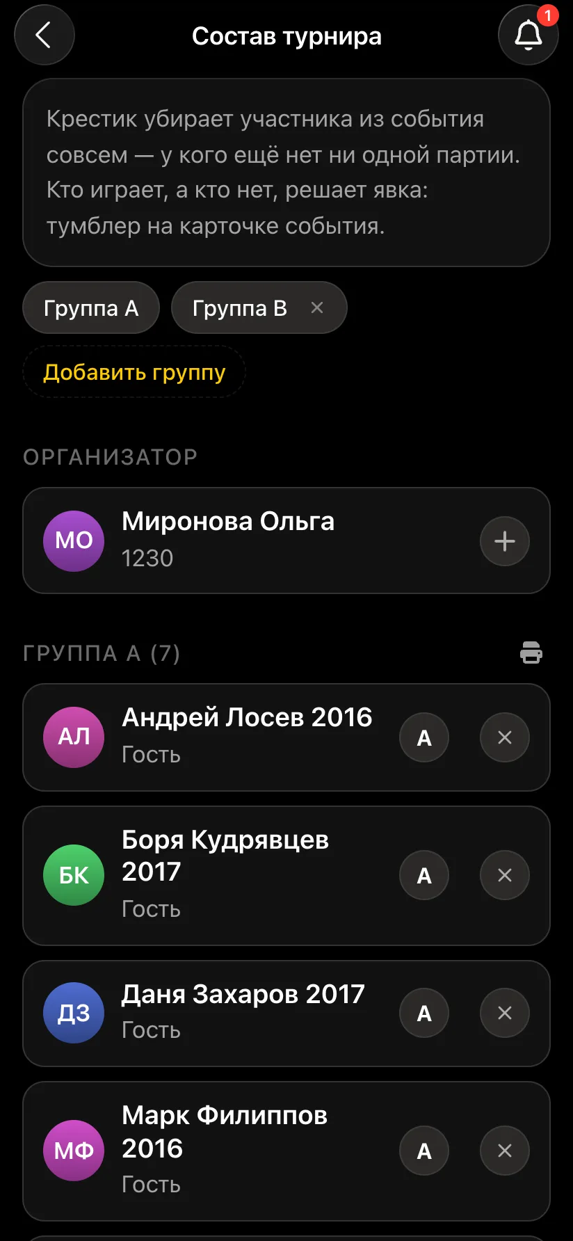 Группа A из семи мальчиков: Андрей Лосев, Боря Кудрявцев, Даня Захаров, Марк Филиппов