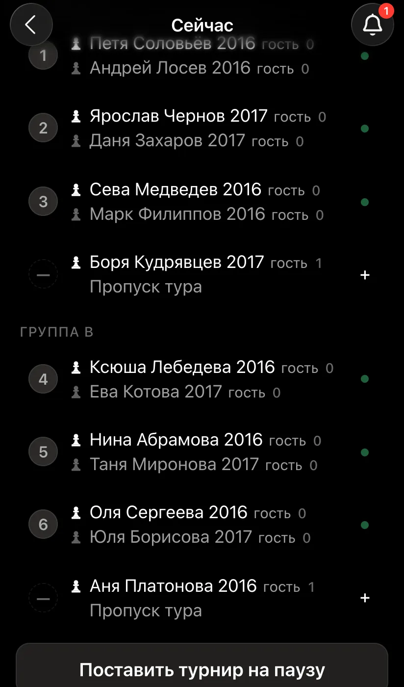 Первый тур, группа B: девочки за столами 4-6, Аня Платонова 2016 пропускает тур