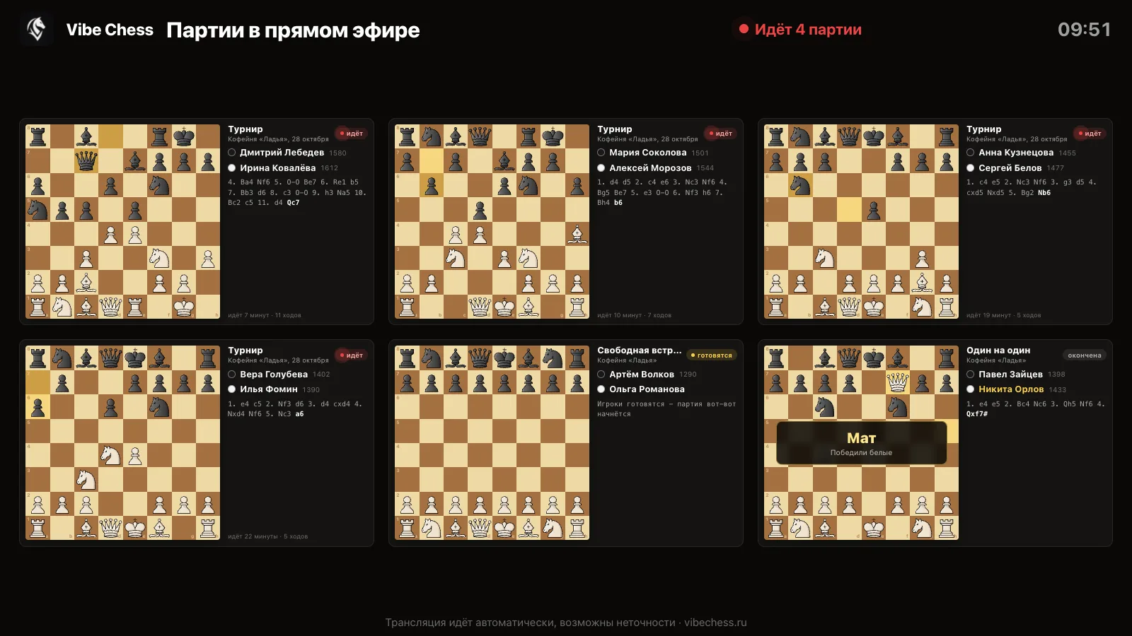 Платформа live.vibechess.ru: шесть досок - турнир, свободная встреча и партия один на один, игроки с рейтингом, ходы и итог «Мат»
