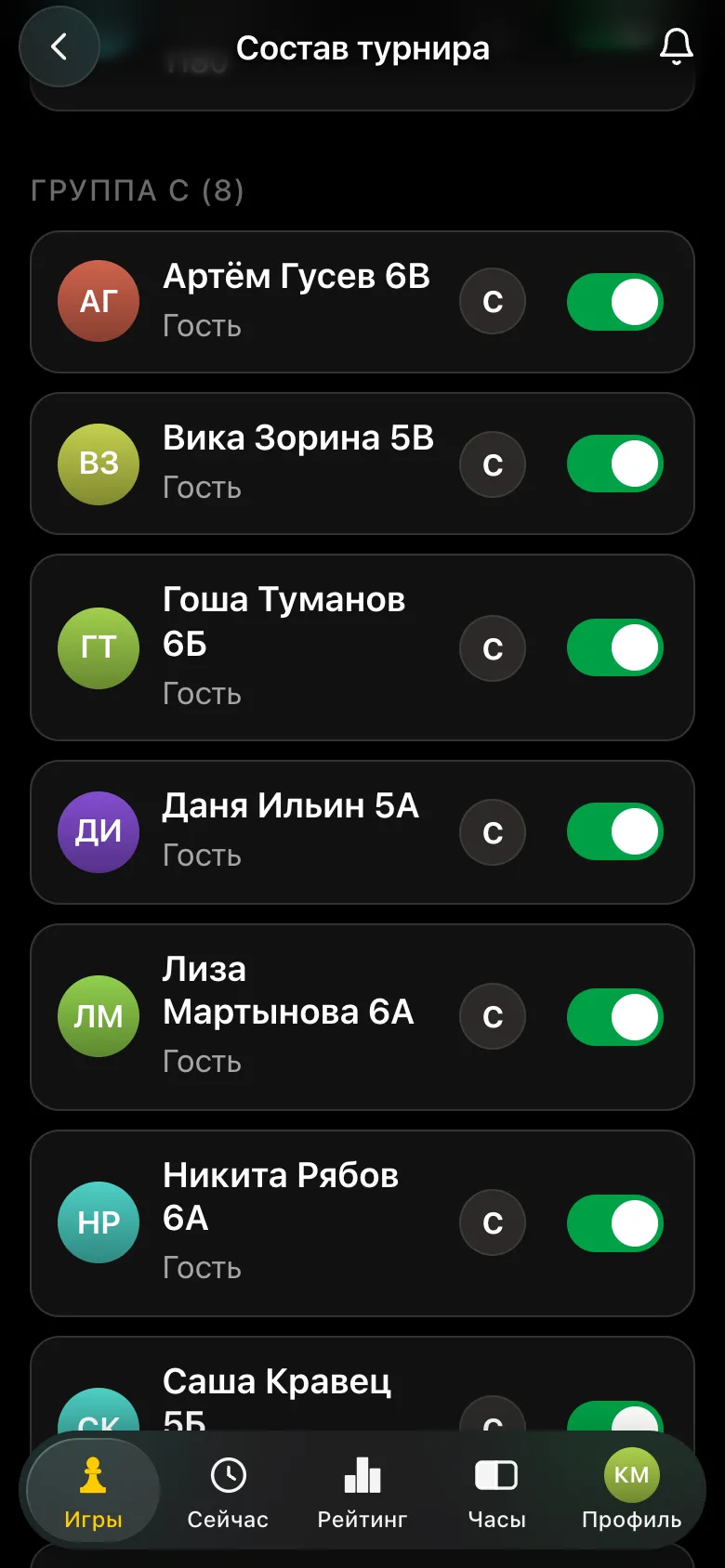 Группа C: восемь учеников 5-6 классов, вписанных гостями с классом в имени