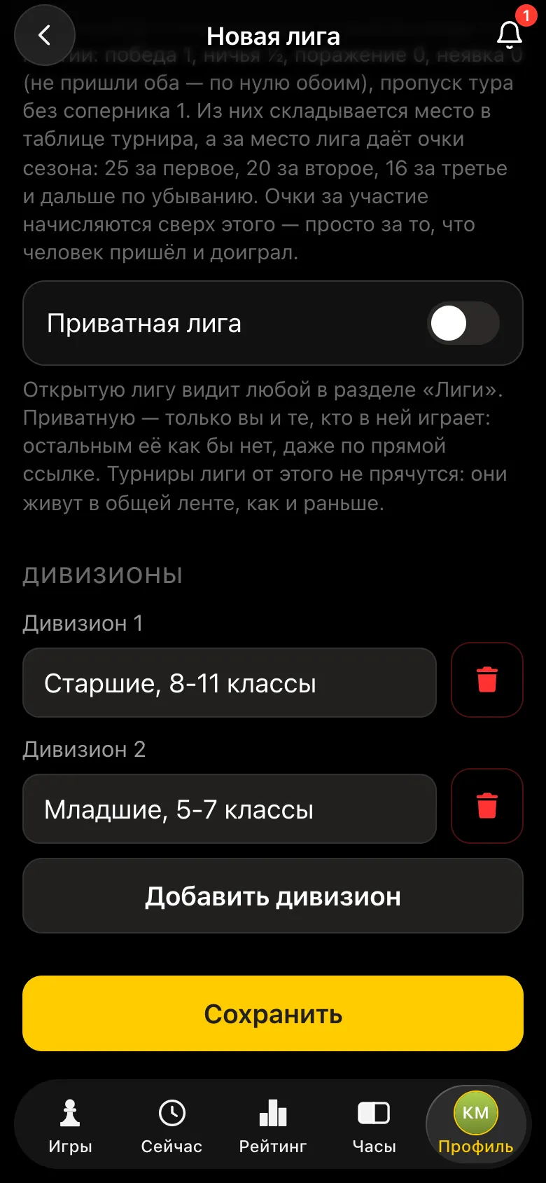 Форма лиги: дивизионы «Старшие, 8-11 классы» и «Младшие, 5-7 классы»