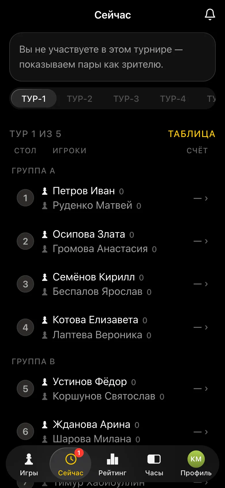 Первый тур у учителя: пары группы A за столами 1-4, группа B дальше