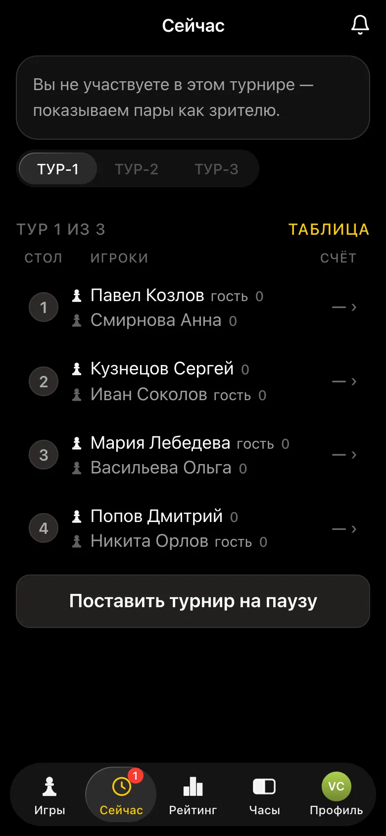 Экран «Сейчас» у организатора: тур 1 из 3, четыре стола, в каждой паре участник с рейтингом против гостя