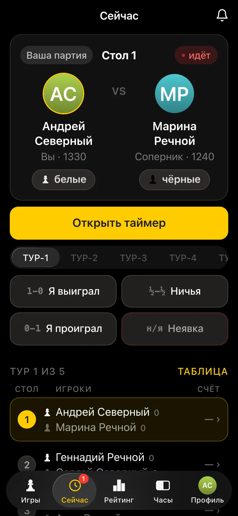 Первый тур у организатора: его партия за столом 1 против Марины Речной и пары тура с никами соседей