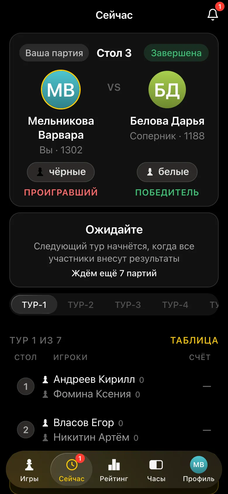 Экран после принятого результата: «Ожидайте, следующий тур начнётся, когда все участники внесут результаты. Ждём ещё 7 партий»