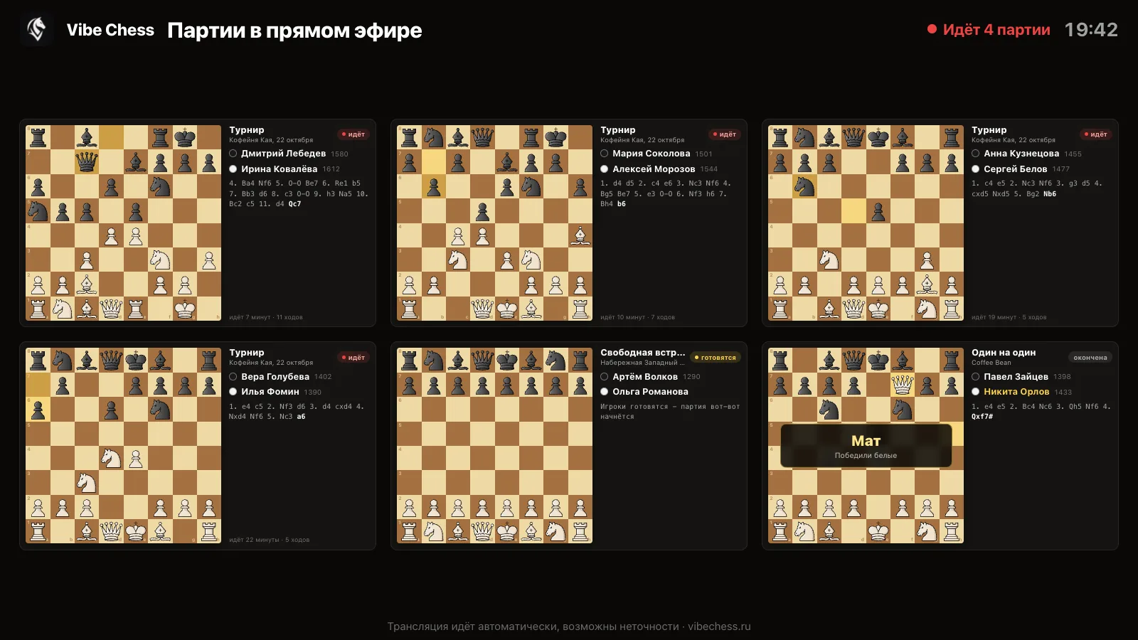Страница трансляции live.vibechess.ru: шесть досок турнира, игроки, последние ходы и итоги партий