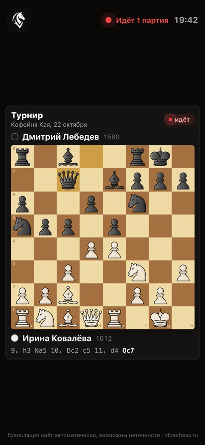 Трансляция на экране телефона: доска турнира, игроки, последние ходы