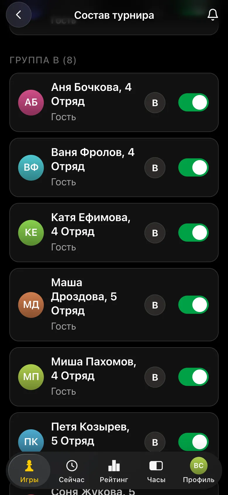 Группа B: дети 4 и 5 отрядов, вписанные гостями