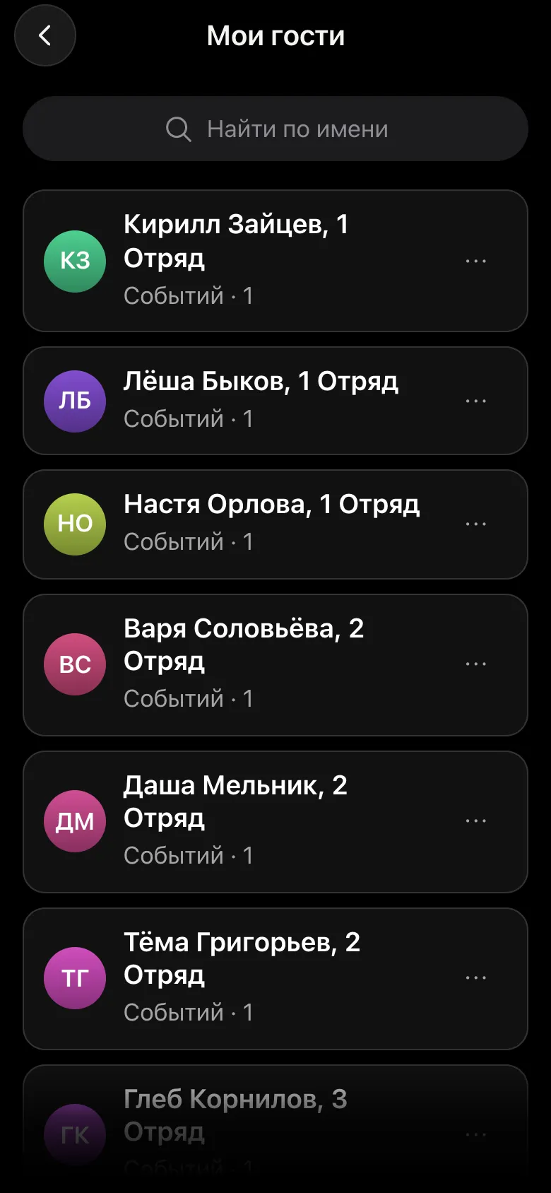 Справочник «Мои гости»: дети с отрядом в имени, у каждого «Событий · 1»