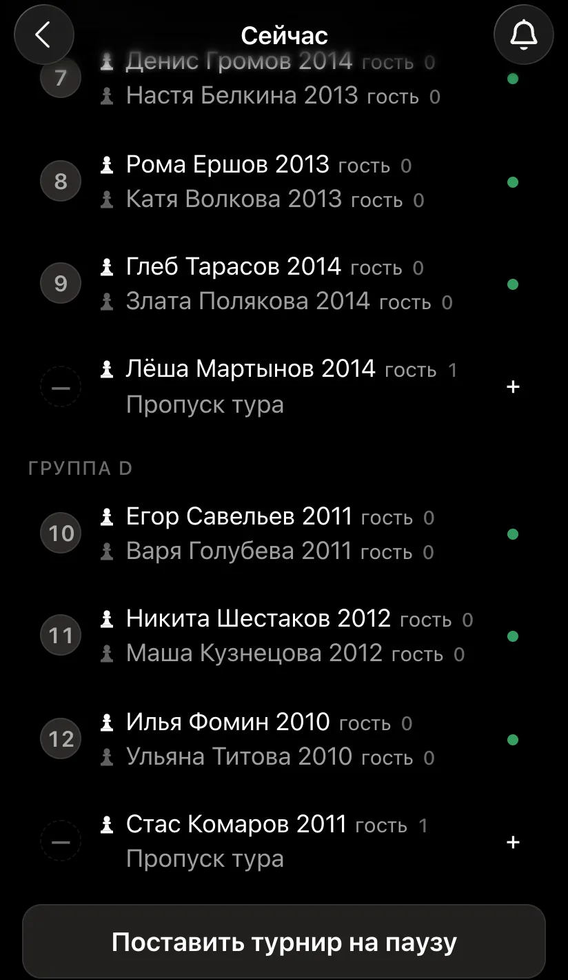 Первый тур: группа C за столами 7-9, группа D за столами 10-12, по одному пропуску в каждой