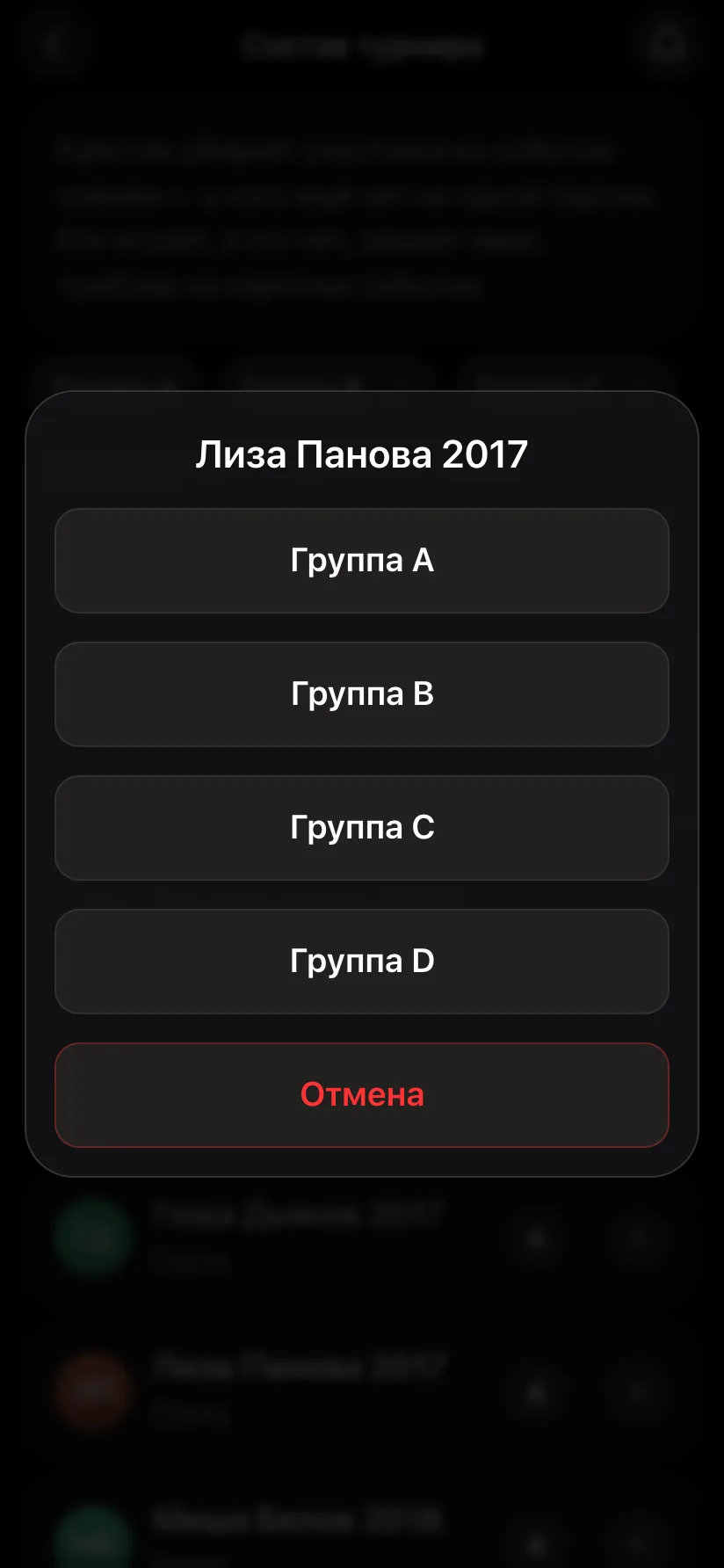 Окно выбора группы для гостя Лиза Панова 2017: Группа A, Группа B, Группа C, Группа D и красная «Отмена»